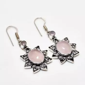 Серьги 2,27 дюйма с розовым кварцем и розовым халцедоном 925 пробы с посеребрением