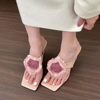 Rose rose! Chinese flower high heel sandals women spring and summer toe thin heel cool slippers women 35