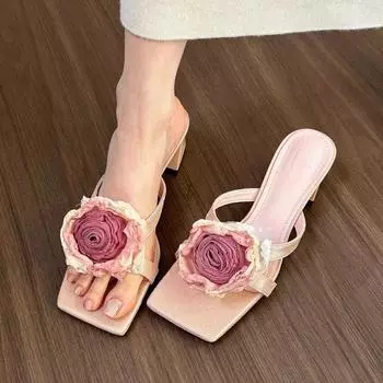 Rose rose Chinese flower thick heel sandals women s summer 2025 new square head middle heel Muller women s cool slippers 35