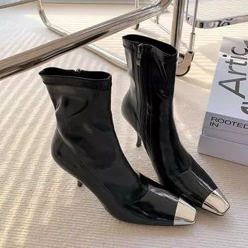 Rose Same High Heels, женские тонкие каблуки, квадратный носок, одинарные туфли, лакированная кожа, женские сапоги, модные сапоги, короткие сапоги 34 чёрный