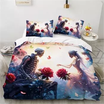 Rose Skull Bedding Set Famous Anime Duvet Cover Sets Comforter Bed Linen Twin Queen King Single Size Dropshipping Gift US Queen 228x228cm
