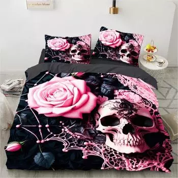 Rose Skull Duvet Cover Set Twin Single Size Halloween Bedding set Teen Adult Kids Children Bed Linen Qulit Cover Pink spider 70x133cm 2pcs