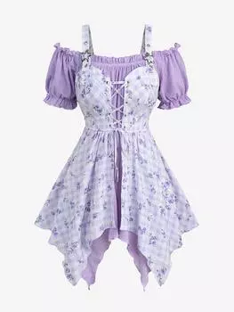 Rosegal Асимметричная блузка размера плюс с цветочным принтом в клетку и оборками на шнуровке и открытыми плечами L светло-фиолетовый