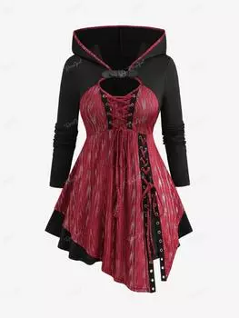 Rosegal Большие размеры Асимметричная футболка с капюшоном и блестящей пряжкой на шнуровке 2XL красный/глубокий