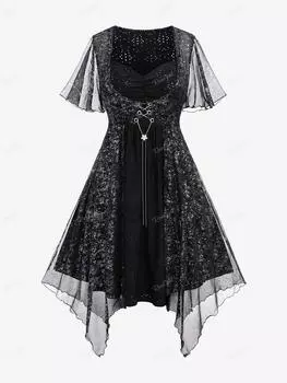 Rosegal Большие размеры Асимметричное платье с открытой спиной, многослойной сеткой и цепочкой на шнуровке 3XL чёрный