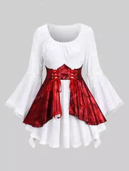 Rosegal Большие размеры Бархатная футболка с расклешенными рукавами и блестящими вставками из искусственной кожи со шнуровкой и рюшами XL белый