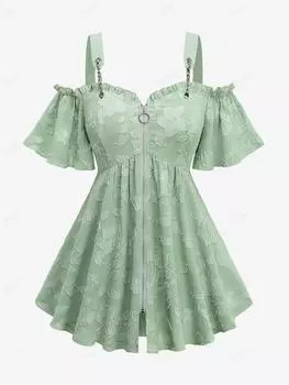 Rosegal Большие размеры Блузка с открытыми плечами и цветочной аппликацией в виде листьев и уплотнительным кольцом на молнии и цепочке L светло-зеленый