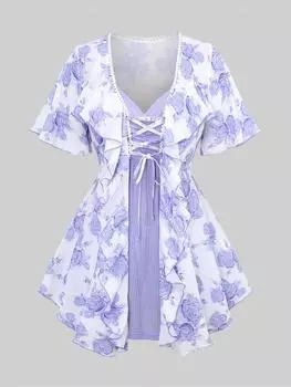 Rosegal Большие размеры Блузка с принтом розы и кружевной отделкой на шнуровке и оборками и фактурный топ на бретельках в рубчик со рюшами L фиолетовый