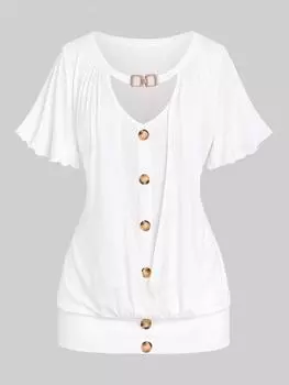 Rosegal Большие размеры Блузон-салат с развевающимися рукавами и вырезом Футболка 2 в 1 с пуговицами L белый