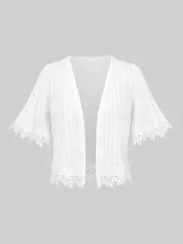 Rosegal Большие размеры Цветочная аппликация Отделка пуантами Текстурированный однотонный кардиган с открытой передней частью L белый