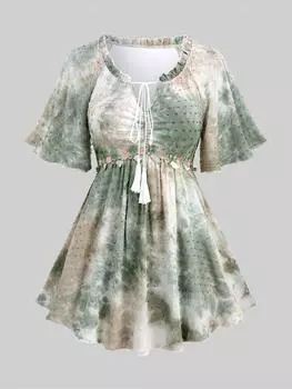 Rosegal Большие размеры Цветочная аппликация с завязками и оборками с кисточками Tie Dye Ombre Блузка в швейцарский горошек L глубокий/зелёный