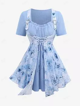 Rosegal Большие размеры Цветочный принт Асимметричные люверсы Зашнуровать оборки С рюшами и пряжкой в виде сердца Ребристый текстурированный топ 2 в 1 L синий