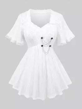 Rosegal Большие размеры День святого Валентина Пуанты с вырезом в форме сердца, кружевная отделка, оборки, бант, пуговицы, цепочки, вставка, топ L белый