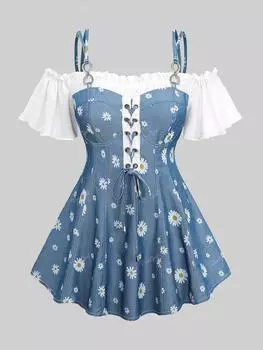 Rosegal Большие размеры Футболка с открытыми плечами и оборками и цветочным принтом ромашки на шнуровке XL синий