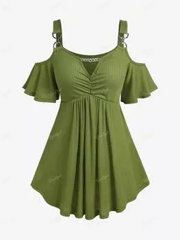 Rosegal Большие размеры Футболка в рубчик с вырезом-цепочкой и оборками со складками и открытыми плечами L зелёный