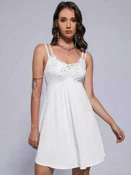 Rosegal Большие размеры и изгибы Однотонный трапециевидный сарафан с цветочной аппликацией крест-накрест S белый