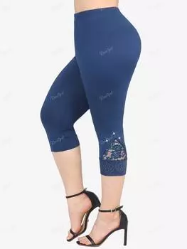 Rosegal Большие размеры Капри с цветочным кружевом и заклепками в виде бабочки Леггинсы 3XL глубокий/синий