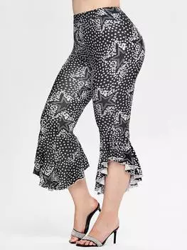 Rosegal Большие размеры Капри с высокой талией и принтом звезд Брюки-клеш S чёрный
