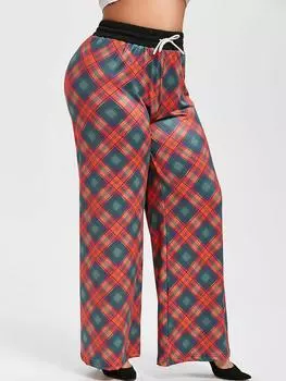 Rosegal Большие размеры Клетчатые широкие брюки с завязками L красный