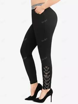 Rosegal Большие размеры Леггинсы с кружевными карманами и цепочками с цветочным принтом L чёрный