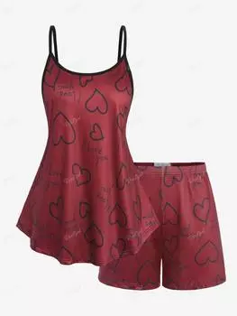 Rosegal Большие размеры Пижамный комплект с топом на бретельках и шортами с принтом в виде сердечек и буквами L красный/глубокий