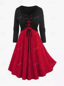 Rosegal Большие размеры Платье трапециевидной формы 2 в 1 с блестящей текстурой в рубчик и шнуровкой в стиле пэчворк 2XL красный