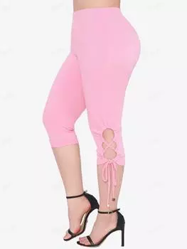 Rosegal Большие размеры Плетеные леггинсы в рубчик на шнуровке с завязками по бокам и капри L светло-розовый