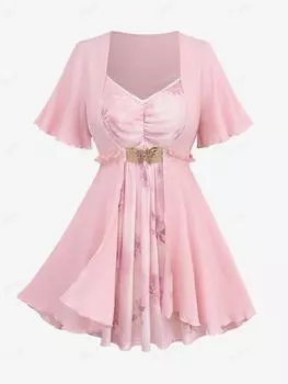 Rosegal Большие размеры Пряжка-бабочка Кружевная отделка Оборки Со складками Сетка с цветочным принтом Топ 2 в 1 в стиле пэчворк M светло-розовый