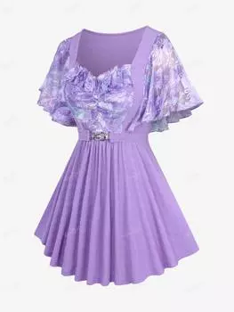 Rosegal Большие размеры, развевающиеся рукава, красочные кружевные накладки с цветочным принтом и оборками, рюши, блестящая пряжка, текстурированный топ в стиле пэчворк L фиолетовый