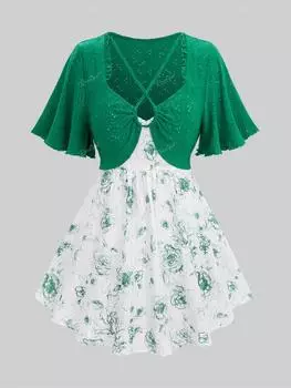Rosegal Большие размеры, развевающиеся рукава, пуанты, цветочная вышивка, перекрещивающиеся бретельки, оборки, текстурированный топ 2 в 1 со складками L зелёный