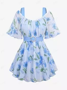 Rosegal Большие размеры Развевающиеся рукава с открытыми плечами Омбре Цветочный принт в виде листьев Со складками Блестящая пряжка Шифоновый топ с поясом M синий