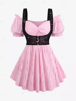 Rosegal Большие размеры Рукав-буф с открытыми плечами Пуантель Полый ребристый твист Блестящая сетка Застежка-молния в клетку 2 в 1 Топ L светло-розовый