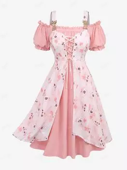 Rosegal Большие размеры Рукава-буфы с открытыми плечами Блестящая пряжка в форме листа Ombre Tie Dye Цветочное жаккардовое тисненое текстурированное многослойное платье трапециевидной формы со шнуровкой 3XL светло-розовый