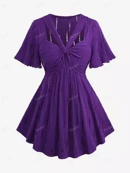 Rosegal Большие размеры Рукава-пуанте Выдалбливают Однотонный Топ со складками Текстурированный топ L глубокий/фиолетовый