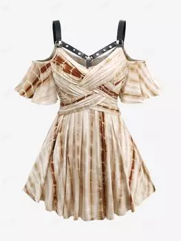 Rosegal Большие размеры с открытыми плечами и уплотнительным кольцом из искусственной кожи с люверсами, плетеный топ в полоску с эффектом омбре в виде перекрещивания L света кофе