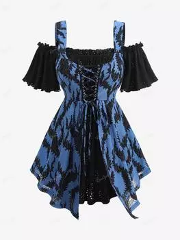 Rosegal Большие размеры с открытыми плечами, на шнуровке, с цветочным принтом, жаккардовый топ с лазерной резкой, ажурный многослойный топ 2 в 1 L глубокий/синий