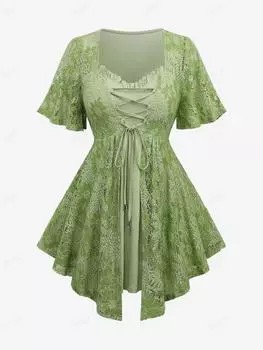 Rosegal Большие размеры С развевающимися рукавами Цветочные кружевные накладки На шнуровке с оборками Многослойный асимметричный топ 2 в 1 L светло-зеленый