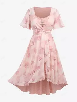 Rosegal Большие размеры с развевающимися рукавами, омбре, с цветочным принтом, с закрученными оборками, с ромашками и рюшами, многослойное, высокое, низкое, асимметричное, 2 в 1, платье трапециевидной формы 4XL светло-розовый