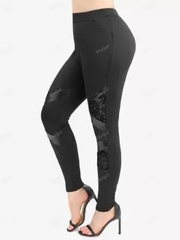 Rosegal Большие размеры Сетчатые леггинсы из искусственной кожи с цветочным принтом в стиле пэчворк и карманами M чёрный