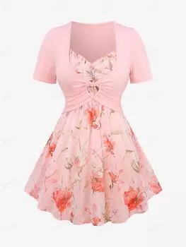 Rosegal Большие размеры Со складками и жемчужной пряжкой и оборками Горячее тиснение с цветочным принтом Шифоновый топ на бретельках и кольцо в форме сердца Укороченный текстурированный топ в рубчик L светло-розовый