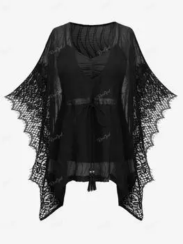 Rosegal Большие размеры Топ на бретельках с кружевной отделкой и рюшами из жаккардового крепа с кисточками и рукавами-бабочками Блузка L чёрный