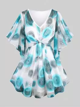 Rosegal Большие размеры Топ с принтом медуз и кружевной отделкой, со складками и рукавами-бабочками XL светло-синий