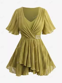 Rosegal Большие размеры Жаккардовая блузка с рюшами и жемчужной пряжкой, сюрплиссированная салатовая кромка, оборки, ребристая текстурированная блузка L зелёный