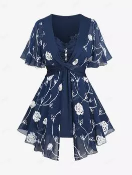 Rosegal Большие размеры Жемчужная пряжка Панель со складками и оборками Вышивка Цветы роз Шифон 2 в 1 Топ 2XL синий/глубокий