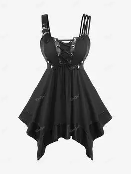 Rosegal Большой размер Асимметричная майка из искусственной кожи с люверсами на шнуровке в стиле пэчворк XL чёрный