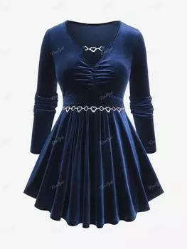 Rosegal Большой размер Бархатная футболка с цветочным сердечком и цепочкой со складками и замочной скважиной на шее L синий/глубокий