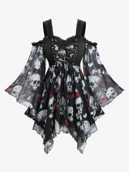 Rosegal Большой размер Череп Бант Сердце Принт Сетка Шнуровка Расклешенные рукава Топ-платок XL чёрный