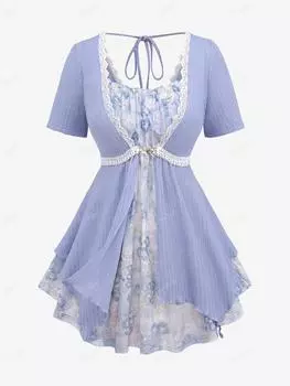 Rosegal Большой размер Цветочная вышивка Сетка Заклепки Кружевная отделка Пряжка Оборки Асимметричный ребристый текстурированный топ 2 в 1 L фиолетовый