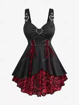 Rosegal Большой размер Цветочный флокированный топ-тюльпан с многослойными оборками на шнуровке и рюшами в форме сердца с пряжками на бретелях Майка L чёрный