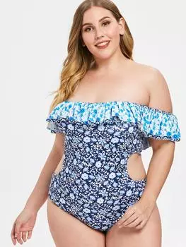 Rosegal Большой размер Купальник с рюшами, украшением и вырезом по бокам L синий